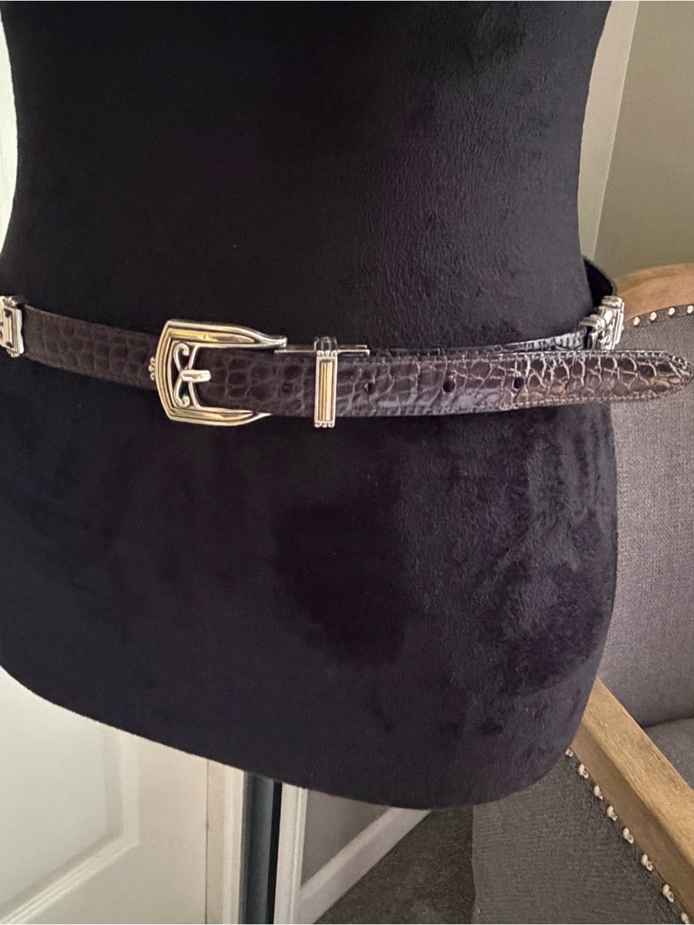 Brown Croc-Embossed Leather Belt with Silver and Gold Tone Buckle